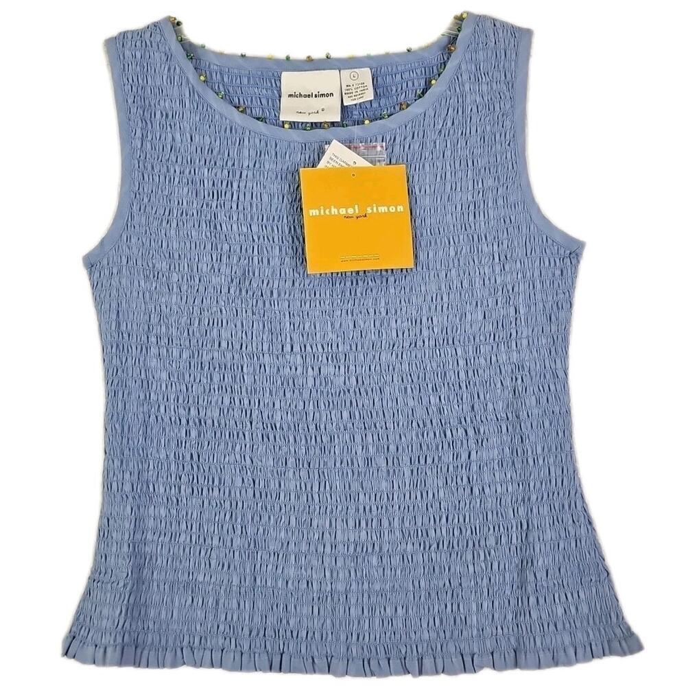 Vintage Michael Simon ~Woman Size L~ Blue Tank Top Beads Smocked Stretch NWT.